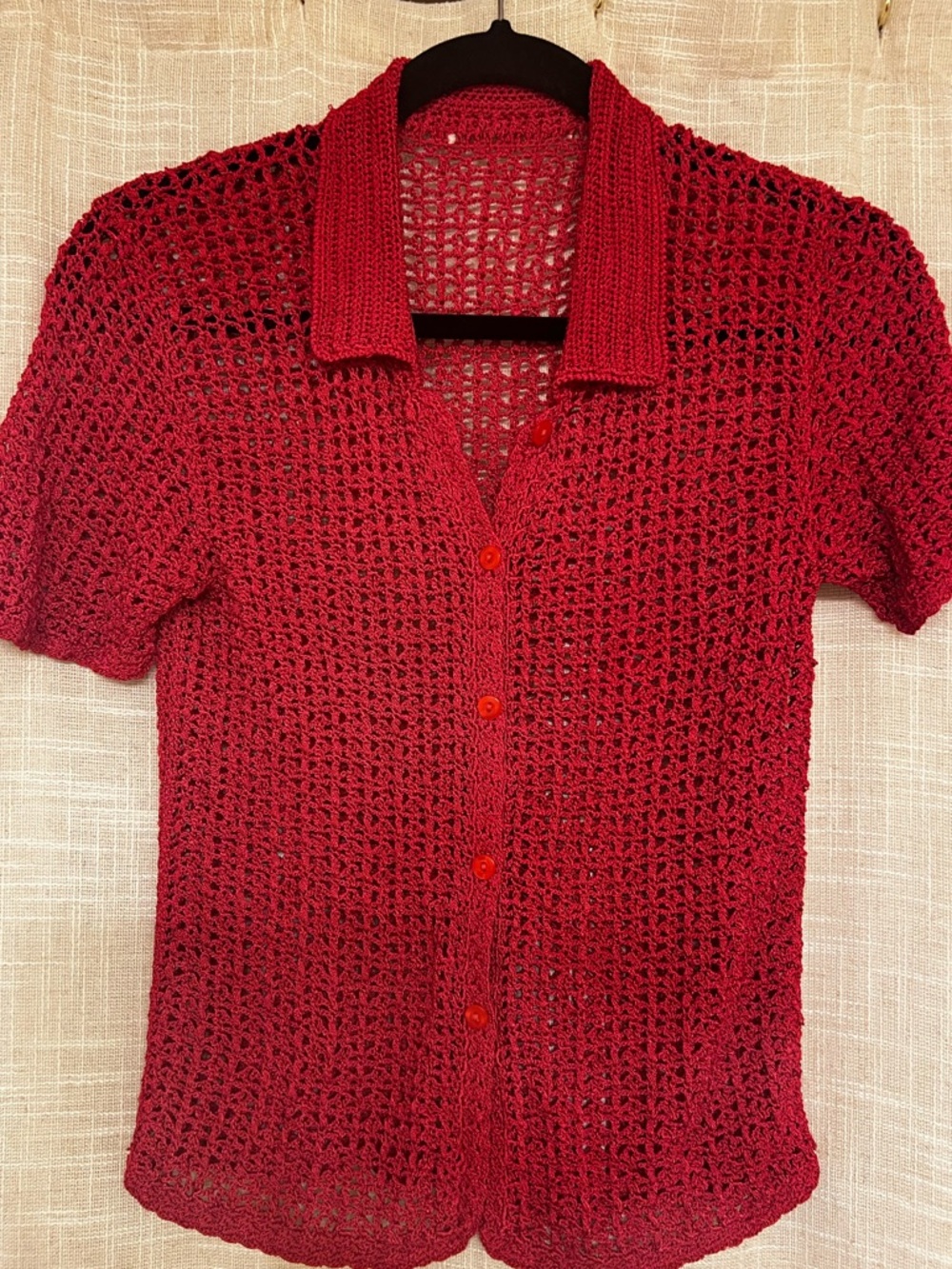 Crochet Cottagecore Y2K BoHo Pink Open Knit Button Down Shirt Size S
